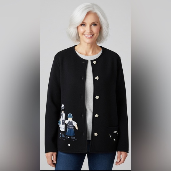 GIESSWEIN Blue Boiled Wool Woman Child Applique Flower Buttons Jacket W's 40 - Picture 1 of 7